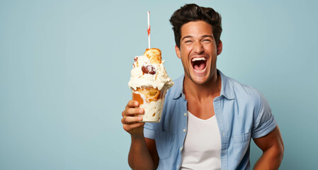 Sticker - Young man holding a milkshake with whipped cream on a blue background