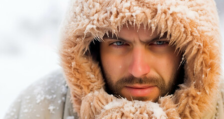 Wall Mural - Portrait of a young man in winter clothes on a background of snow