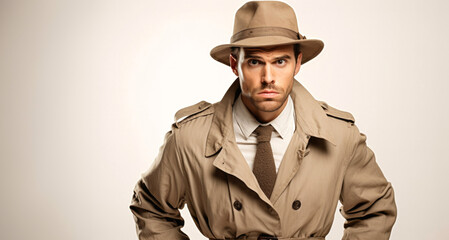 Wall Mural - Handsome man in beige trench coat and hat. Studio shot.