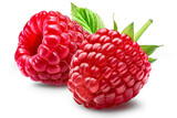 Two ripe raspberries with a leaf isolated on a white background.