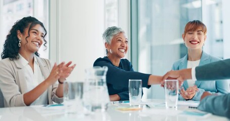 Poster - Business, interview and people shaking hands in meeting with recruitment, success and onboarding. Congratulations, handshake and hiring person with welcome, agreement and happy b2b collaboration