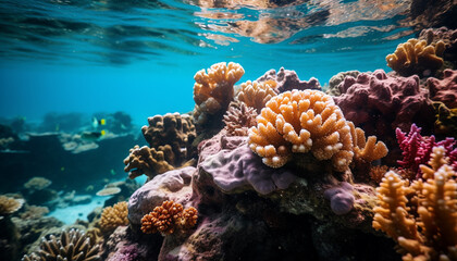 Canvas Print - Underwater reef, nature fish filled paradise, a tropical blue adventure generated by AI