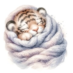 Aufkleber - Whimsical sleeping tiger nursery illustration created with Generative AI technology