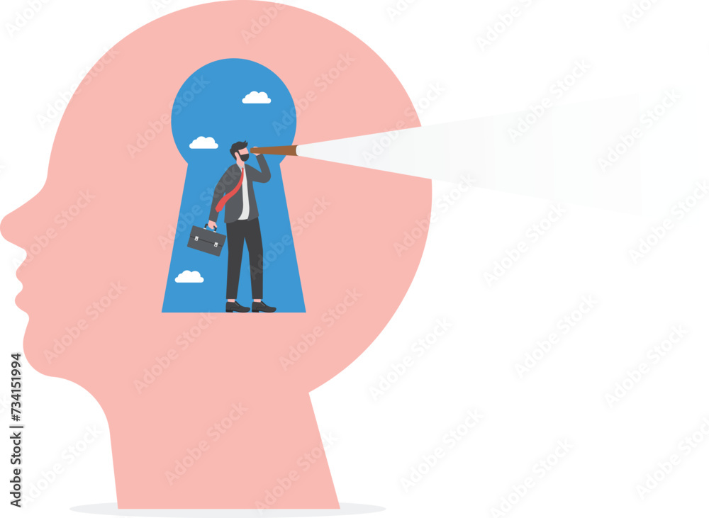 Business vision concept, businessman using telescope to look into the ...