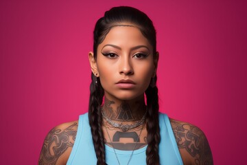 Poster - Young woman with face and neck tattoos serious face portrait