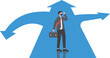 © vision art - businessman standing in front of a crossroad with road split in three different ways as arrows.