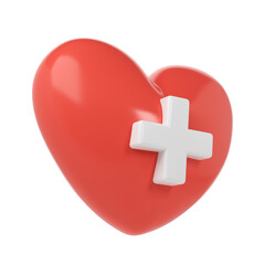 3d red heart with medical cross symbol transparent icon aid donation, medical and healthcare laboratory concept. Cartoon minimal style render illustration