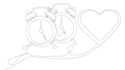Poster - One continuous line of alarm clock with Heart. Thin Line Illustration vector Valentine's Day concept. Contour Drawing Creative ideas.
