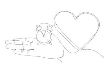 Poster - One continuous line of alarm clock with Heart. Thin Line Illustration vector Valentine's Day concept. Contour Drawing Creative ideas.
