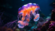 Glowing purple medusa swimming in deep, dangerous underwater beauty generated by AI