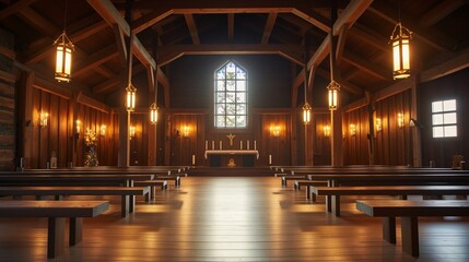 Wall Mural - A quiet chapel with wooden benches and soft lighting, providing an intimate setting for personal prayers and meditation.
