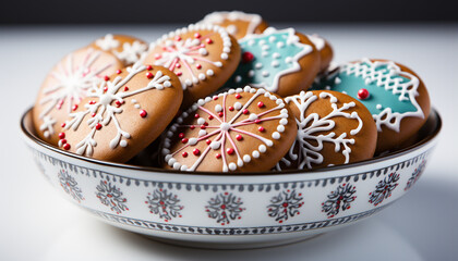 Wall Mural - Homemade snowflake shaped sugar cookies, decorated with colorful icing generated by AI