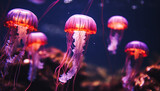 Fototapeta Uliczki - Glowing purple jellyfish swim in dark underwater beauty generated by AI