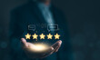 © Supatman - User feedback and review satisfaction, 5 star score, happy smile, Service experience rating online application, Evaluation of product service quality by customer. Customer satisfaction survey concept.