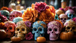 Spooky Halloween decoration pumpkin, skull, ghost, dark, horror, autumn generated by AI