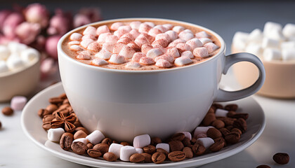 Canvas Print - Gourmet meal hot chocolate, coffee, marshmallow, chocolate, snack, dessert generated by AI