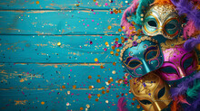 Capture The Essence Of Mardi Gras With A Flat Background Featuring Masks, Beads, And A Kaleidoscope Of Bright Colors, Providing Ample Copy Space For Your Creative Expression.