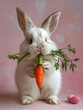 A playful domestic rabbit indulges in a crunchy carrot, basking in the comfort of an indoor setting and embodying the essence of easter with its fluffy bunny rabbit appearance