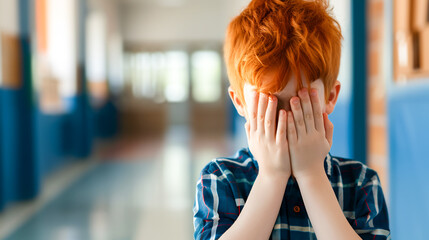 A crying red-haired teenage boy covered his face with his hands, standing alone in the school corridor. Learning difficulties, emotions, bullying at school