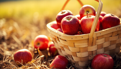 Wall Mural - Fresh, ripe apples in a wicker basket, a taste of nature generated by AI