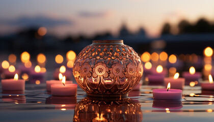 Poster - Glowing candle illuminates tranquil table, symbolizing spirituality and relaxation generated by AI