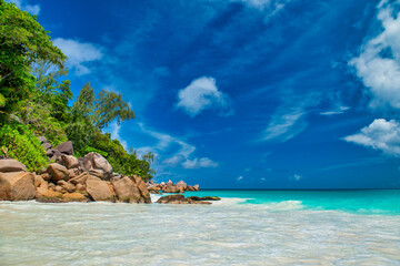 Wall Mural - Amazing tropical landscape of Praslin, Seychelles. Beach and vegetation