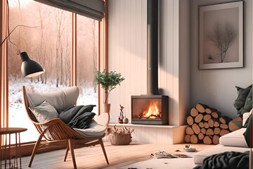 Wall Mural - Fire is burning in the fireplace in the Scandinavian style living room 