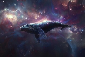  Cosmic whale swimming through the universe. Fantasy illustration of a cetacean travelling in space. Illustration