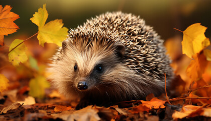 Wall Mural - Cute hedgehog in autumn forest, alert and looking adorable generated by AI