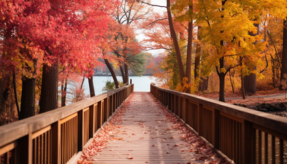 Poster - Tranquil autumn landscape yellow leaves, blue pond, vibrant colors generated by AI