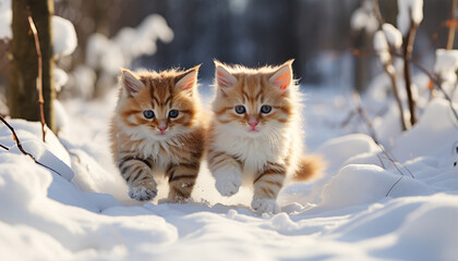 Poster - Cute kitten playing in snow, fluffy fur, charming meadow fun generated by AI