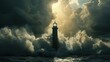 an offshore lighthouse standing tall amidst crashing waves, its sturdy structure weathering the elements while guiding ships safely through treacherous waters.
