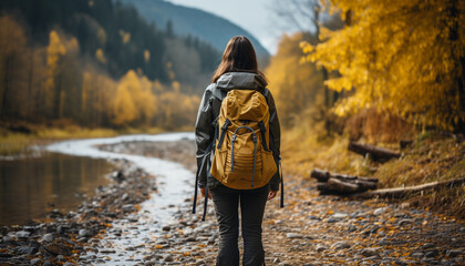 Poster - One person hiking in autumn forest, enjoying nature beauty generated by AI