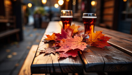 Wall Mural - Autumn table, leaf, nature vibrant celebration of colors generated by AI