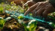 Eco-conscious farmer using a holographic interface to select the best seeds for sustainable agriculture