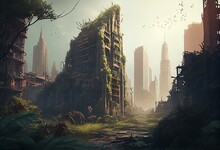 Rotten / Decayed City Skyline With Skyscrapers, Overgrown With Vegetation And Hanging Vines In A Post-apocalyptic Tropical Forest Landscape, Hazy And Misty Atmosphere - Painted -. Generative AI