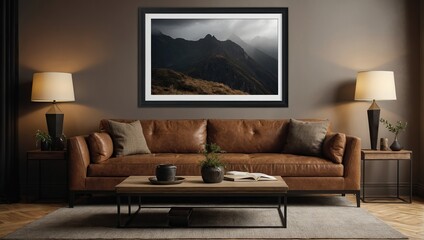 Wall Mural - A large black blank picture frame hangs over a large brown sofa, mockup, horizontal, landscape format
