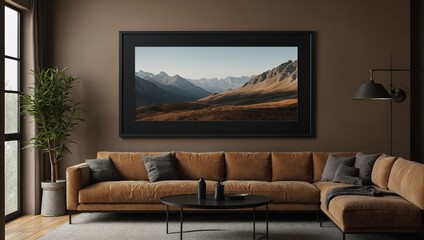 Wall Mural - A large black blank picture frame hangs over a large brown sofa, mockup, horizontal, landscape format