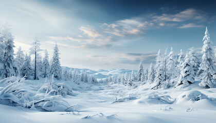 Wall Mural - Winter landscape snow covered mountains, tranquil forest, frozen beauty generated by AI