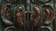 An eerie artwork featuring kidneys encased in intricate pieces of armor all molded from human flesh