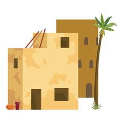 Wall Mural - Middle east. Arabic desert with traditional mud brick houses. Ancient building. Flat vector illustration