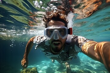 Wall Mural - Man having fun taking underwater selfie while snorkeling