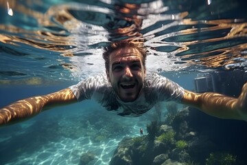 Wall Mural - Man having fun taking underwater selfie while on summer vacation