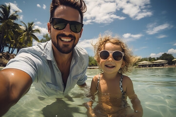 Wall Mural - Father and son taking a selfie in water while on beach summer vacation