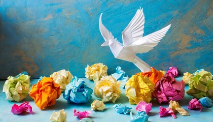 Wall Mural - colorful crumpled paper balls with a paper dove peace freedom or opportunities