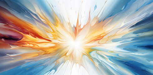 Wall Mural - an abstract explosion in blue, orange and white, in the style of realistic fantasy artwork, high resolution, abstraction-création, delicate fantasy worlds, light yellow and light crimson