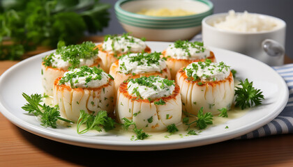 Sticker - Healthy vegetarian meal with fresh seafood, homemade sauce, and rice generated by AI