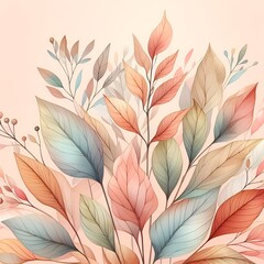 Sticker - A painting watercolors of a bunch of leaves in pastel colors on a white background with a white wall in the background. Floral concept