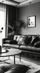 Wall Mural - Black and white photo of a cozy living room