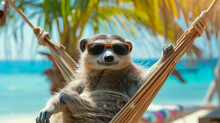 Lemur Sitting On A Tree. Cool Animal On Vacation On The Beach With A Cocktail. A Funny Animal Relaxes On A Lounge Chair By The Pool, Enjoying A Tropical Cocktail And The Warm Sun. Concept Of Relax